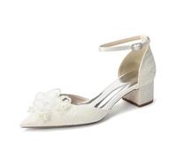 Genérico Mujer Punta Puntiaguda Encaje Zapatos De Novia con Flores Tacón Medio Grueso Zapatos para Vestido De Boda Correa Al Tobillo Zapato De Fiesta De Graduación,Marfil,38 EU