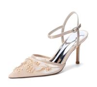 Genérico Mujer Punta Puntiaguda Malla Zapatos De Boda con Perla Tacón De Aguja Alto Destalonado Sandalias De Novia Correa De Tobillo Zapatos De Vestir De Fiesta De Graduación,Champagne,36 EU