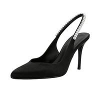 Genérico Mujer Punta Puntiaguda Satén Zapatos De Invitadas De Boda Sin Cordones Destalonado Sandalias De Fiesta Y Graduación con Diamantes Tacón De Aguja Zapatos De Vestir,Negro,37 EU