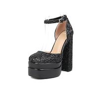 Genérico Mujer Punta Redonda Cerrada Zapatos De Novia De Boda con Brillo | Pulsera Ajustable al Tobillo, Zapatos de Plataforma, Tacón Alto Ancho, Zapatos Elegantes, Noche, Fiesta, Graduación