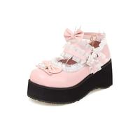 Genérico Mujer Tacón Alto De Cuña Zapatos De Plataforma Correa De Tobillo Zapatos Lolita con Hebilla Punta Redonda Zapato De Cosplay con Lazo,Rosado,37 EU
