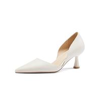 Genérico Mujer Tacón De Gatito Medio Zapatos De Novia De Boda Sin Cordones Zapatos para Fiesta Y Graduación Punta Puntiaguda Piel PU Salón De Vestir,Beige,37 EU