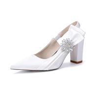 Genérico Mujer Tacón Grueso Alto Zapatos De Vestir De Boda Punta Puntiaguda Zapatos De Novia De Satén Sin Cordones Sandalias De Fiesta De Graduación con Diamantes De Imitación,Blanca,40 EU