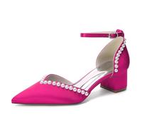 Genérico Mujer Tacón Medio Bloque Zapatos De Boda para Novia Correa De Tobillo Tacones De Vestido con Perla Punta Puntiaguda Satén Zapatos De Fiesta De Graduación,Fuchsia,37 EU