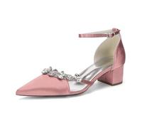 Genérico Mujer Tacón Medio Grueso Zapatos De Vestir De Boda Punta Puntiaguda Satén Zapatos De Novia con Diamantes Correa De Tobillo Sandalias De Fiesta De Graduación con Hebilla,Rosado,36 EU
