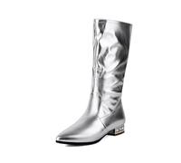 Genérico Mujer Tirón Botas De Media Pantorrilla Holgadas Puntera Puntiaguda Cuero PU Bota Cortas Tacón Plano Botas De Casual,Plata,38 EU