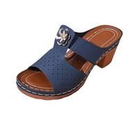 Genérico Mulas de playa para mujer de piel de color liso con punta abierta y diseño calado, tacón plano, suela gruesa, sandalias cómodas y elegantes para un estilo chic e informal, Azul Marino135, 42
