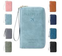 Genérico Multi-Functional RFID Passport Holder for Travel Essentials,Passport Holder for Travel Essentials,Slim Leather Wallet Cover Case with Safe Zipper, Travel Wallet for Men & Women (Sky Blue)