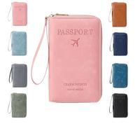 Genérico Multi-Functional RFID Passport Holder for Travel Essentials,Passport Holder for Travel Essentials,Slim Leather Wallet Cover Case with Safe Zipper, Travel Wallet for Men & Women (Pink)