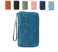 Genérico Multi-Functional RFID Passport Wallet, Family RFID Passport Holder for Travel, Secure ID Card Organizer with Anti-Theft Protection, Slim Leather Travel Wallet for Women Men (Peacock Blue)