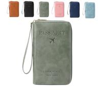 Genérico Multi-Functional RFID Passport Wallet, Family RFID Passport Holder for Travel, Secure ID Card Organizer with Anti-Theft Protection, Slim Leather Travel Wallet for Women Men (Green)