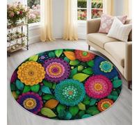 Genérico Multicolor Floral Mandalas Hojas Alfombra Redonda Lavable 60 cm, Antideslizante Bohemio Étnico Alfombra Salón Pelo Corto, Suave para Habitación