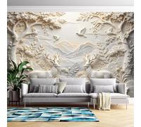 Genérico Mural De Pared Con Relieve 3D De Flores Y Ciervos Del Bosque | 600 Cm (Ancho) X 400 Cm (Alto) Adhesivos De Pared Modernos Con Efecto Relieve Para Dormitorio Y Sala De Estar - No Tejido - N