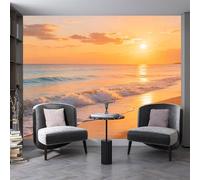 Genérico Mural De Pared Panorámico 3D Con Olas Y Puesta De Sol En La Playa, Papel Tapiz No Tejido, Póster Fotográfico Grande Y Grueso Con Temática De Naturaleza, Océano Y Cielo, Ideal Para Sal
