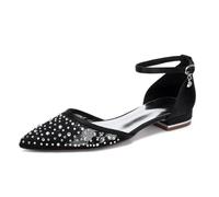 Genérico Negro,38 EU, Zapatos Planos de satén para Boda con Punta Puntiaguda para Mujer, con Tiras en el Tobillo y Cristales,para Fiesta de graduación