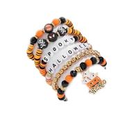 Genérico New Ambiance Halloween Bracelet Set, Stackable Stretch Bracelets with Skull Pumpkin Ghost Charms, Halloween Letter Bracelets Set for Women Party (B)