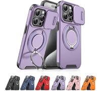 Genérico New Slide Camera Protection Magnetic Stand Phone Case for iPhone 17/16/15/14/13/12/11 Pro MAX, with Privacy Camera Cover and 360° Rotating Stand,Built-In Magnetic Ring (iPhone14,Purple)