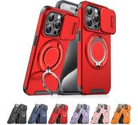 Genérico New Slide Camera Protection Magnetic Stand Phone Case for iPhone 17/16/15/14/13/12/11 Pro MAX, with Privacy Camera Cover and 360° Rotating Stand,Built-In Magnetic Ring (iPhone16 Pro,Red)