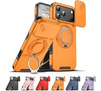 Genérico New Slide Camera Protection Magnetic Stand Phone Case for iPhone 17/16/15/14/13/12/11 Pro MAX, with Privacy Camera Cover and 360° Rotating Stand,Built-In Magnetic Ring (iPhone17 Pro,Orange)