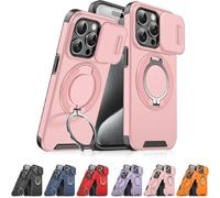Genérico New Slide Camera Protection Magnetic Stand Phone Case for iPhone 17/16/15/14/13/12/11 Pro MAX, with Privacy Camera Cover and 360° Rotating Stand,Built-In Magnetic Ring (iPhone16 e,Pink)