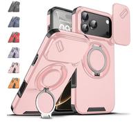 Genérico New Slide Camera Protection Magnetic Stand Phone Case for iPhone17/16/15, with Slide Camera Cover and Rotating Stand, Built-In Magnetic Ring, Anti-Fall, Various Models (Pink,15)