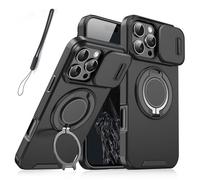 Genérico New Slide Camera Protection Magnetic Stand Phone Case with Rotating Stand and Slide Privacy Camera Cover for iPhone 16/15/14/13/12/11 Pro MAX (for IP 15,Black)