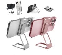 Genérico New Upgraded Back Clip Type 360° Folding Bracket, Back Clip Adjustable Height and Angle Foldable Phone Stand, with Stable Metal Base, Compatible withr All Types Smartphones (Silver+Pink)