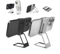 Genérico New Upgraded Back Clip Type 360° Folding Bracket, Back Clip Adjustable Height and Angle Foldable Phone Stand, with Stable Metal Base, Compatible withr All Types Smartphones (Silver+Black)