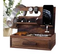 Generico Nightstand Organizer, Wooden Phone Docking Station, Storage Drawer Holder, Multi Functional Key Stand, Wallet Watch Rack, Brown, Compact Versatile for Husband, Dad