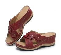 Genérico Orthopedic Arch Support Flower Wedge Sandals for Women - Comfortable Dressy Summer Slip-on Thong Casual Walking Shoes with Non-Slip Outsole for Daily Wear (Red,36)