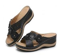 Genérico Orthopedic Arch Support Flower Wedge Sandals for Women - Comfortable Dressy Summer Slip-on Thong Casual Walking Shoes with Non-Slip Outsole for Daily Wear (Black,39.5)