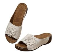 Genérico Orthopedic Wedge Sandals for Women 2026, Flowers Open Toe Platform Sandals, Shoes Casual Boho Slip on Beach Walking Sandals, Casual Walking Slip on Sandal (White,41)