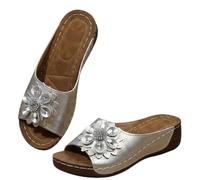 Genérico Orthopedic Wedge Sandals for Women 2026, Flowers Open Toe Platform Sandals, Shoes Casual Boho Slip on Beach Walking Sandals, Casual Walking Slip on Sandal (Silver,37)