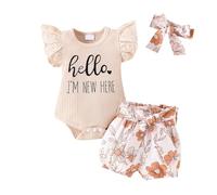Genérico Outfit de 3 Piezas con Moño para Bebés Niñas Diario Cómodo Conjunto de Romper y Shorts Elástico Elegante
