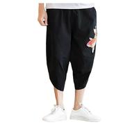 Genérico Pantalón Lino Hombre Kimono Japonés Bordado Cintura Elástica Cordón Ajustable Tejido Ligero Transpirable Corte Holgado Cómodo Pantalones Jogging 7/8 Grandes Tallas, Negro , XXXXXL