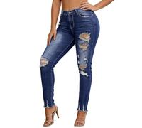 Genérico PantalóN Vaquero Mujer,Pantalones Vaqueros Casuales Desgastados De Tiro Medio hasta El Tobillo con Detalles Rotos CóModos Y EláSticos