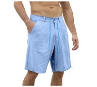 Genérico Pantaloncini di Lino da uomo Pantaloncini classici Casual Vita Elastica Spiaggia Tavola leggera Slim con Borsa (Blue, XXXL)