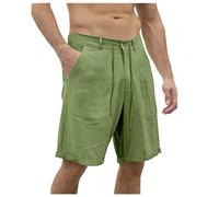 Genérico Pantaloncini di Lino da uomo Pantaloncini classici Casual Vita Elastica Spiaggia Tavola leggera Slim con Borsa (Green, M)
