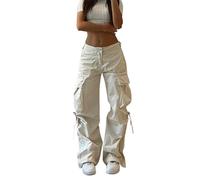 Genérico Pantalones Cargo Baggy Mujer Cordón de sujeción de cintura alta Casual suelto Wide Leg Paracaídas Punk Molletonado Streetwear Bandas de soldadura Color sólido Corte recto bajo Utility, blanco