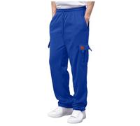 Generico Pantalones casuales de hombre de corte completo fabricados en tejido afelpado de color liso dotados de numerosos bolsillos cordón en el tobillo y tichetta de piel, azul, S