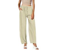 Generico Pantalones casuales para mujer de color liso de algodón con cordón en la cintura elástica, pantalones largos de pierna ancha, conjunto de nieve, beige, M