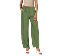 Generico Pantalones casuales para mujer de color liso de algodón con cordón en la cintura elástica, pantalones largos de pierna ancha, conjunto de nieve, Verde, S