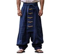 Generico Pantalones de hombre estilo chino ligeros de verano casual playa ajuste amplia cintura elástica para el ocio Kung Fu Tai Chi anchos retro pierna ancha para el uso diario, azul navy, 3XL