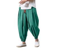 Generico Pantalones de lino anchos para hombre Pantalones Harem Aladdin Yoga de gran tamaño Casual Transpirables Bohemia Bloomers Pantalones Algodón Caballo Bajo Impresión Retro con Bolsillos, verde