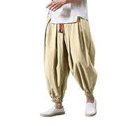 Generico Pantalones de lino anchos para hombre Pantalones Harem Aladdin Yoga de gran tamaño Casual Transpirables Bohemia Bloomers Pantalones Algodón Caballo Bajo Impresión Retro con Bolsillos, verde