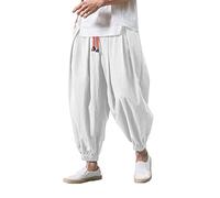 Generico Pantalones de lino anchos para hombre Pantalones Harem Aladdin Yoga de gran tamaño Casual Transpirables Bohemia Bloomers Pantalones Algodón Caballo Bajo Impresión Retro con Bolsillos, blanco