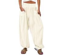 Generico Pantalones de lino para mujer de verano elegantes Pants Pierna ancha Cintura Alta Curvy Pantalón Oversize Suave Pants Blancos Yoga Pantalones con Cordón para Playa Vacaciones, beige, XL