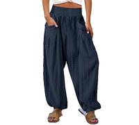 Generico Pantalones de lino para mujer de verano elegantes Pants Pierna ancha Cintura Alta Curvy Pantalón Oversize Suave Pants Blancos Yoga Pantalones con Cordón para Playa Vacaciones, azul marino, XL