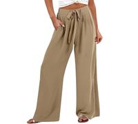 Generico Pantalones de mujer de verano elegantes pantalones elásticos de cintura alta anchos pantalones con bolsillos cordón cómodos pantalones y pierna ancha ligeros pantalones Palazzo color sólido