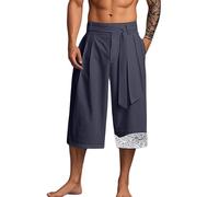 Generico Pantalones de pierna ancha rectos de tres cuartos cortos de verano para hombre de lino japonés estilo retro elástico tradicional Hakama Kung Fu Kimono baño casual sueltos Yoga Jogging, azul